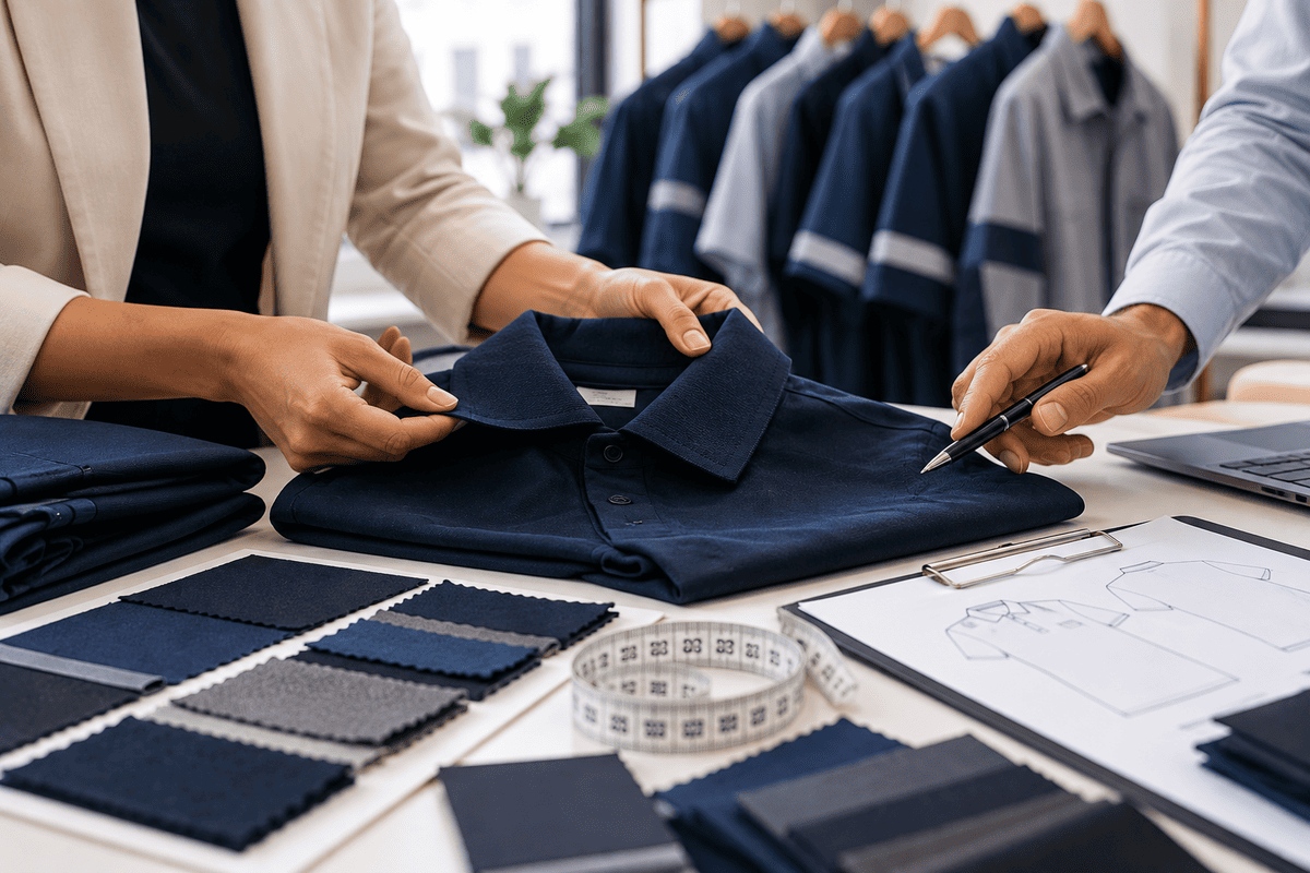 Avaliação de fornecedor de uniformes corporativos, considerando tecido, modelagem, costura, padronização e reposição.